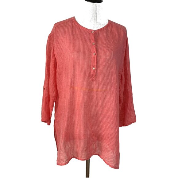 Eileen Fisher Linen 3/4 Sleeve Tunic Henley Shirt Striped Sz L - Picture 16 of 16